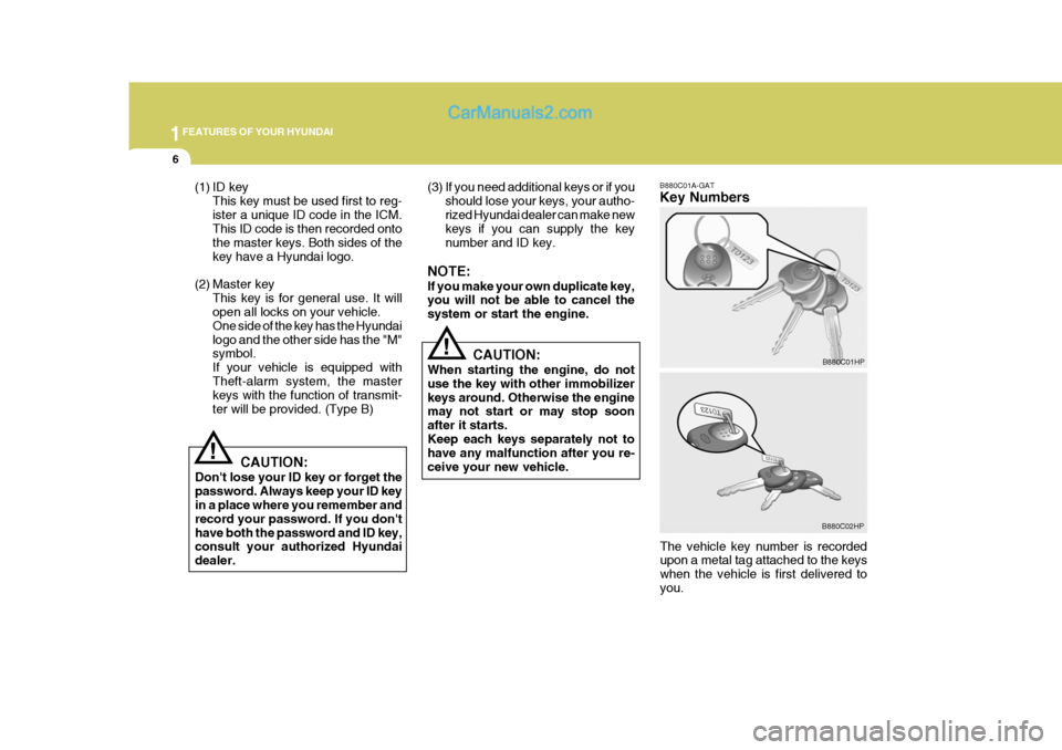 Hyundai Terracan 2006 Owners Manual 1FEATURES OF YOUR HYUNDAI
6
(3) If you need additional keys or if you
should lose your keys, your autho- rized Hyundai dealer can make new keys if you can supply the key number and ID key.
NOTE: If yo Hyundai Terracan 2006 Owners Manual 1FEATURES OF YOUR HYUNDAI
6
(3) If you need additional keys or if you
should lose your keys, your autho- rized Hyundai dealer can make new keys if you can supply the key number and ID key.
NOTE: If yo