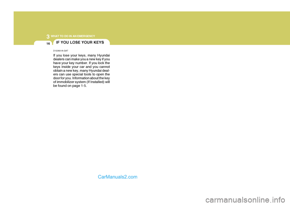 Hyundai Terracan 2006  Owners Manual 3 WHAT TO DO IN AN EMERGENCY
16IF YOU LOSE YOUR KEYS
D120A01A-GAT If you lose your keys, many Hyundai dealers can make you a new key if you have your key number. If you lock the keys inside your car a