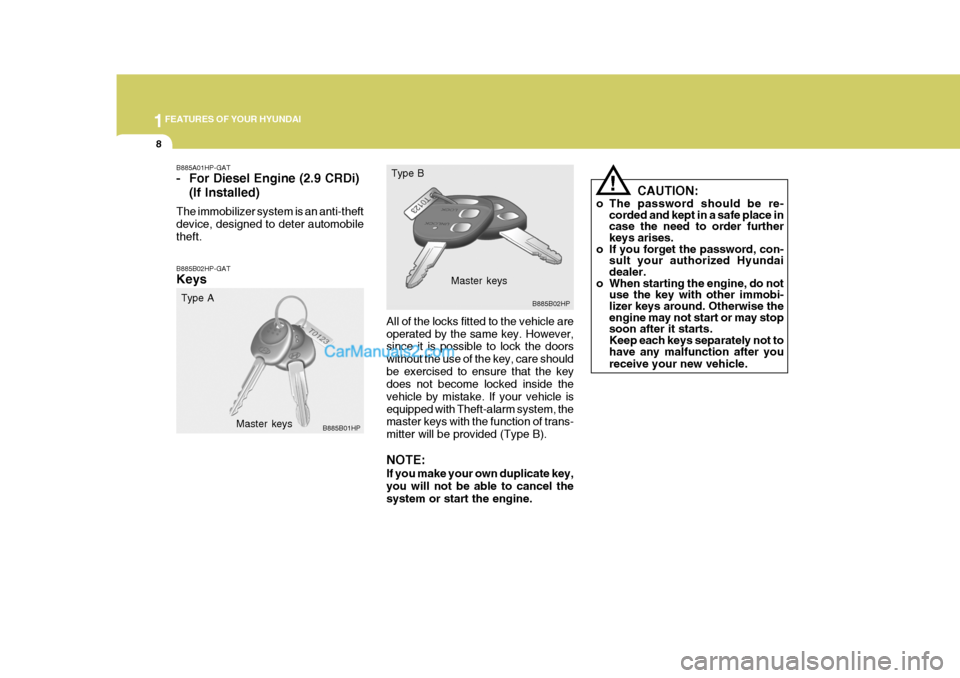 Hyundai Terracan 2006 Owners Manual 1FEATURES OF YOUR HYUNDAI
8
B885B02HP-GAT Keys
All of the locks fitted to the vehicle are operated by the same key. However, since it is possible to lock the doors without the use of the key, care sho Hyundai Terracan 2006 Owners Manual 1FEATURES OF YOUR HYUNDAI
8
B885B02HP-GAT Keys
All of the locks fitted to the vehicle are operated by the same key. However, since it is possible to lock the doors without the use of the key, care sho