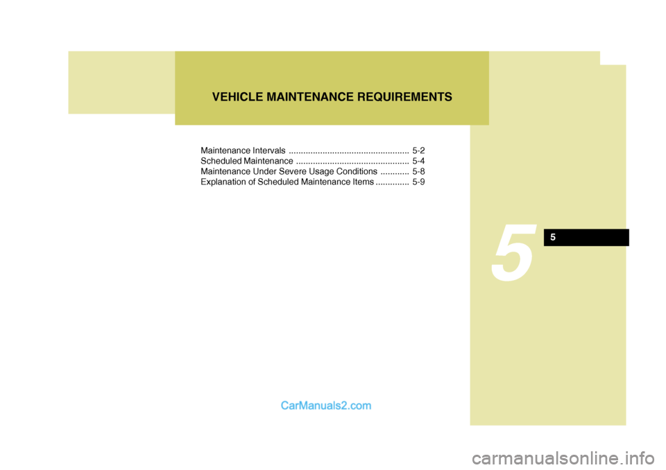 Hyundai Terracan 2006  Owners Manual Maintenance Intervals .................................................. 5-2 
Scheduled Maintenance ............................................... 5-4
Maintenance Under Severe Usage Conditions ......