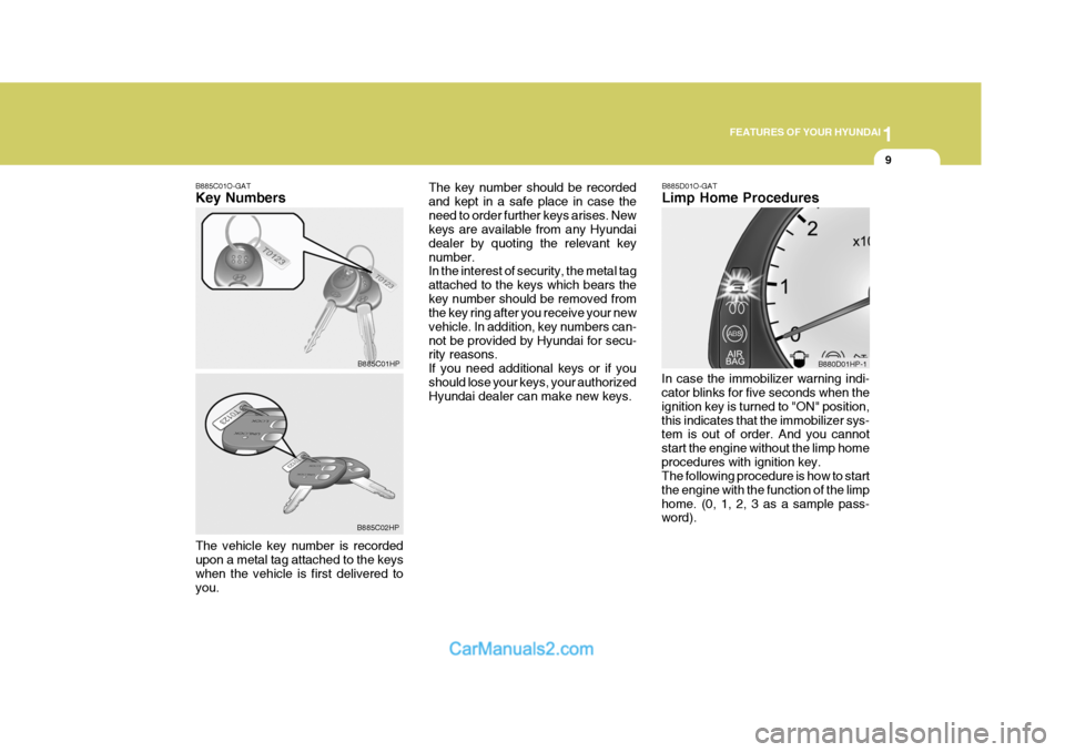 Hyundai Terracan 2006 Owners Manual 1
FEATURES OF YOUR HYUNDAI
9
B885C01O-GAT Key Numbers B885D01O-GATLimp Home Procedures
In case the immobilizer warning indi- cator blinks for five seconds when the ignition key is turned to "ON" posit Hyundai Terracan 2006 Owners Manual 1
FEATURES OF YOUR HYUNDAI
9
B885C01O-GAT Key Numbers B885D01O-GATLimp Home Procedures
In case the immobilizer warning indi- cator blinks for five seconds when the ignition key is turned to "ON" posit