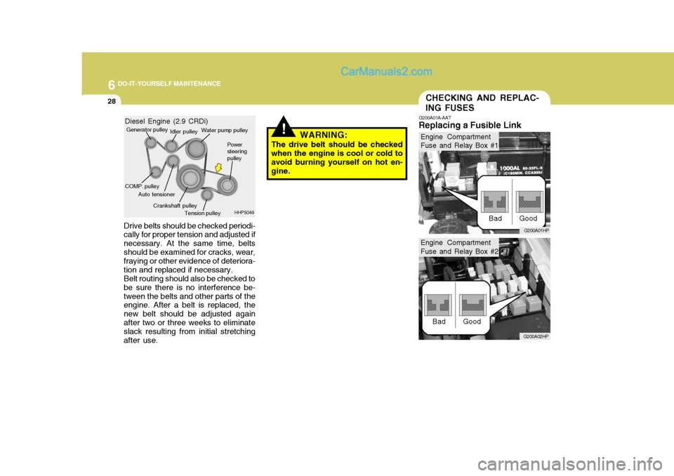 Hyundai Terracan 2006 Owners Manual 6 DO-IT-YOURSELF MAINTENANCE
28
Drive belts should be checked periodi- cally for proper tension and adjusted if necessary. At the same time, beltsshould be examined for cracks, wear, fraying or other Hyundai Terracan 2006 Owners Manual 6 DO-IT-YOURSELF MAINTENANCE
28
Drive belts should be checked periodi- cally for proper tension and adjusted if necessary. At the same time, beltsshould be examined for cracks, wear, fraying or other