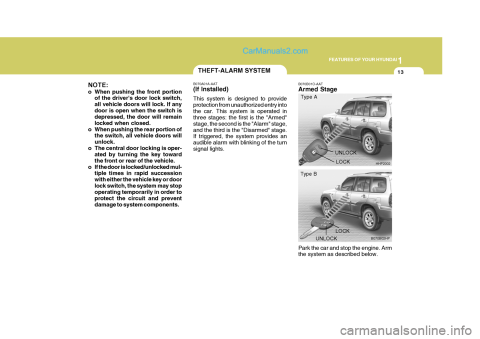 Hyundai Terracan 2006 Owners Manual 1
FEATURES OF YOUR HYUNDAI
13THEFT-ALARM SYSTEM
NOTE:
o When pushing the front portion of the drivers door lock switch, all vehicle doors will lock. If anydoor is open when the switch is depressed, Hyundai Terracan 2006 Owners Manual 1
FEATURES OF YOUR HYUNDAI
13THEFT-ALARM SYSTEM
NOTE:
o When pushing the front portion of the drivers door lock switch, all vehicle doors will lock. If anydoor is open when the switch is depressed,