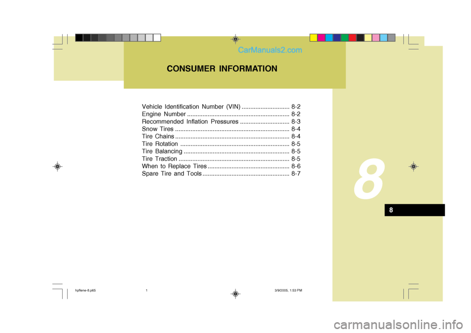 Hyundai Terracan 2006  Owners Manual Vehicle Identification Number (VIN) ............................ 8-2 
Engine Number ............................................................ 8-2
Recommended Inflation Pressures ...................