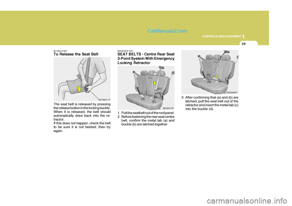 Hyundai Terracan 2006  Owners Manual 1
CONTROLS AND EQUIPMENT
29
B210A01A-AAT To Release the Seat Belt The seat belt is released by pressing the release button in the locking buckle. When it is released, the belt should automatically dra