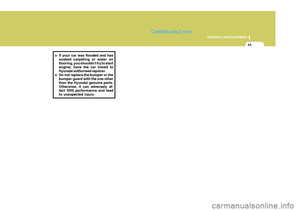 Hyundai Terracan 2006  Owners Manual 1
CONTROLS AND EQUIPMENT
45
o If your car was flooded and has
soaked carpeting or water on flooring, you shouldnt try to start engine; have the car towed to Hyundai authorised repairer.
o Do not repl