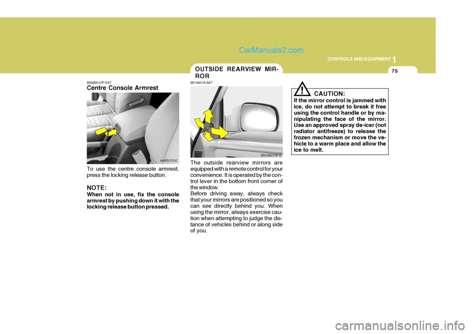 Hyundai Terracan 2006  Owners Manual 1
CONTROLS AND EQUIPMENT
75
The outside rearview mirrors are equipped with a remote control for your convenience. It is operated by the con- trol lever in the bottom front corner ofthe window. Before 