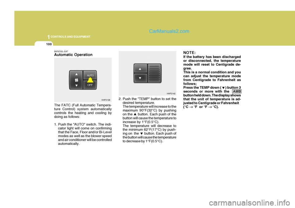 Hyundai Terracan 2006 Owners Manual 1CONTROLS AND EQUIPMENT
100
2. Push the "TEMP" button to set thedesired temperature. The temperature will increase to the maximum 90°F(32°C) by pushingon the button. Each push of the button will Hyundai Terracan 2006 Owners Manual 1CONTROLS AND EQUIPMENT
100
2. Push the "TEMP" button to set thedesired temperature. The temperature will increase to the maximum 90°F(32°C) by pushingon the button. Each push of the button will