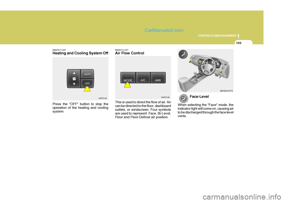 Hyundai Terracan 2006  Owners Manual 1
CONTROLS AND EQUIPMENT
103
B980E01L-EAT Air Flow Control This is used to direct the flow of air. Air can be directed to the floor, dashboard outlets, or windscreen. Four symbols are used to represen