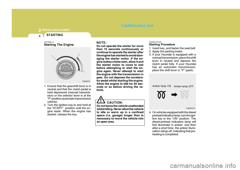 Hyundai Terracan 2006 Owners Manual 2 DRIVING YOUR HYUNDAI
6
!
NOTE: Do not operate the starter for more than 15 seconds continuously or continue to operate the starter afterthe engine has started to avoid dam- aging the starter motor. Hyundai Terracan 2006 Owners Manual 2 DRIVING YOUR HYUNDAI
6
!
NOTE: Do not operate the starter for more than 15 seconds continuously or continue to operate the starter afterthe engine has started to avoid dam- aging the starter motor.