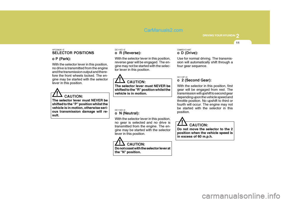Hyundai Terracan 2006 Owners Manual 2
DRIVING YOUR HYUNDAI
11
!
HPC090A1-E SELECTOR POSITIONS o P (Park): With the selector lever in this position, no drive is transmitted from the engine and the transmission output and there- fore the Hyundai Terracan 2006 Owners Manual 2
DRIVING YOUR HYUNDAI
11
!
HPC090A1-E SELECTOR POSITIONS o P (Park): With the selector lever in this position, no drive is transmitted from the engine and the transmission output and there- fore the