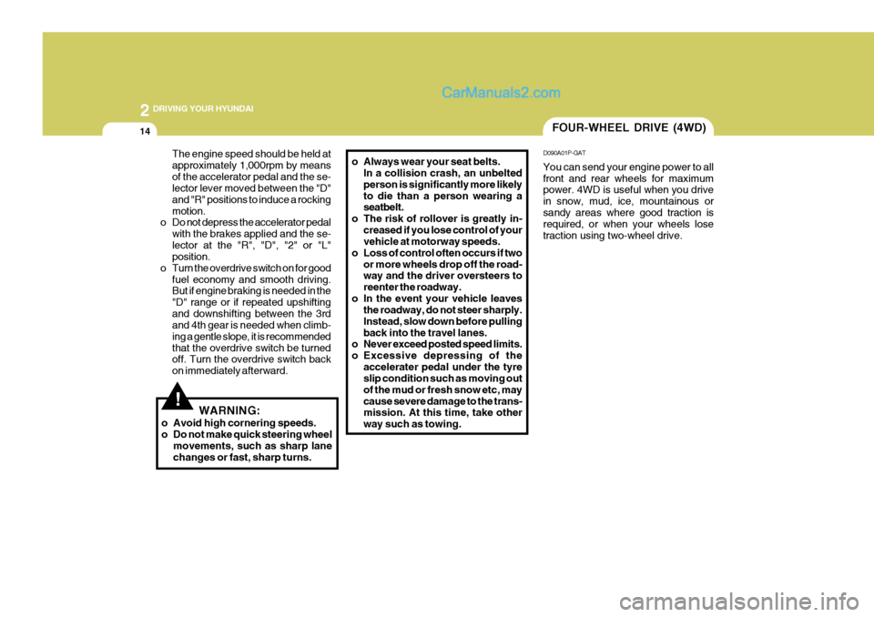 Hyundai Terracan 2006 Owners Manual 2 DRIVING YOUR HYUNDAI
14FOUR-WHEEL DRIVE (4WD)
D090A01P-GAT You can send your engine power to all front and rear wheels for maximum power. 4WD is useful when you drive in snow, mud, ice, mountainous Hyundai Terracan 2006 Owners Manual 2 DRIVING YOUR HYUNDAI
14FOUR-WHEEL DRIVE (4WD)
D090A01P-GAT You can send your engine power to all front and rear wheels for maximum power. 4WD is useful when you drive in snow, mud, ice, mountainous