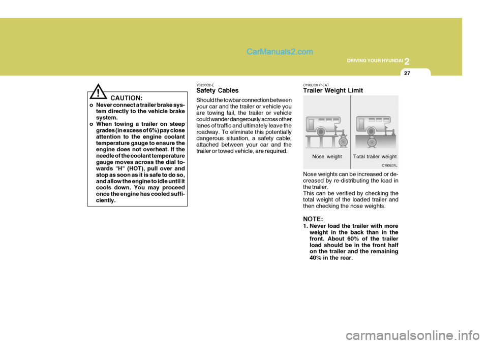 Hyundai Terracan 2006 Owners Manual 2
DRIVING YOUR HYUNDAI
27
!
CAUTION:
o Never connect a trailer brake sys- tem directly to the vehicle brake system.
o When towing a trailer on steep grades (in excess of 6%) pay closeattention to the Hyundai Terracan 2006 Owners Manual 2
DRIVING YOUR HYUNDAI
27
!
CAUTION:
o Never connect a trailer brake sys- tem directly to the vehicle brake system.
o When towing a trailer on steep grades (in excess of 6%) pay closeattention to the