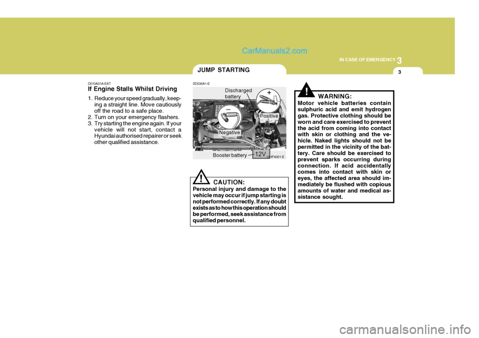 Hyundai Terracan 2006 Owners Manual 3
IN CASE OF EMERGENCY
3
!
D010A01A-EAT If Engine Stalls Whilst Driving
1. Reduce your speed gradually, keep-
ing a straight line. Move cautiously off the road to a safe place.
2. Turn on your emerge Hyundai Terracan 2006 Owners Manual 3
IN CASE OF EMERGENCY
3
!
D010A01A-EAT If Engine Stalls Whilst Driving
1. Reduce your speed gradually, keep-
ing a straight line. Move cautiously off the road to a safe place.
2. Turn on your emerge