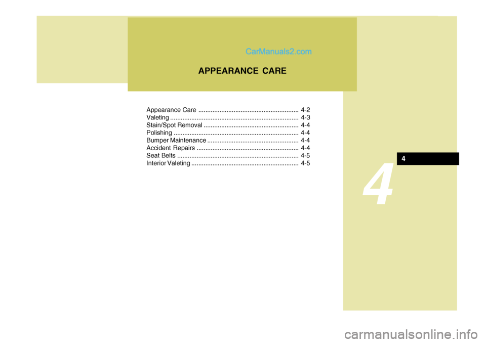 Hyundai Terracan 2006  Owners Manual 4
Appearance Care ......................................................... 4-2 
Valeting ......................................................................... 4-3
Stain/Spot Removal .............