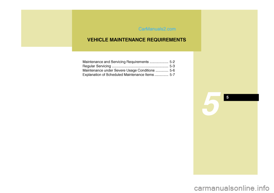 Hyundai Terracan 2006  Owners Manual Maintenance and Servicing Requirements ................... 5-2 
Regular Servicing ......................................................... 5-3
Maintenance under Severe Usage Conditions ............. 