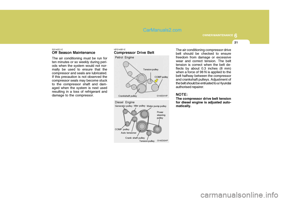 Hyundai Terracan 2006 Owners Manual 6
OWNER MAINTENANCE
21
SG140D1-E
Off Season Maintenance
The air conditioning must be run for ten minutes or so weekly during peri- ods when the system would not nor- mally be used to ensure that theco Hyundai Terracan 2006 Owners Manual 6
OWNER MAINTENANCE
21
SG140D1-E
Off Season Maintenance
The air conditioning must be run for ten minutes or so weekly during peri- ods when the system would not nor- mally be used to ensure that theco