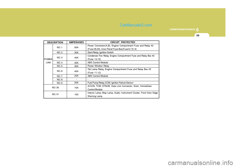 Hyundai Terracan 2006  Owners Manual 6
OWNER MAINTENANCE
39
AMPERAGES 50A 30A 40A 40A 30A 40A 20A-
20A 10A
15A
NO. 1 
NO. 2
NO. 3
NO. 4 
NO. 5 
NO. 6 
NO. 7 
NO. 8
NO. 9
DESCRIPTION
CIRCUIT PROTECTED
Power Connector(A,B), Engine Compartm