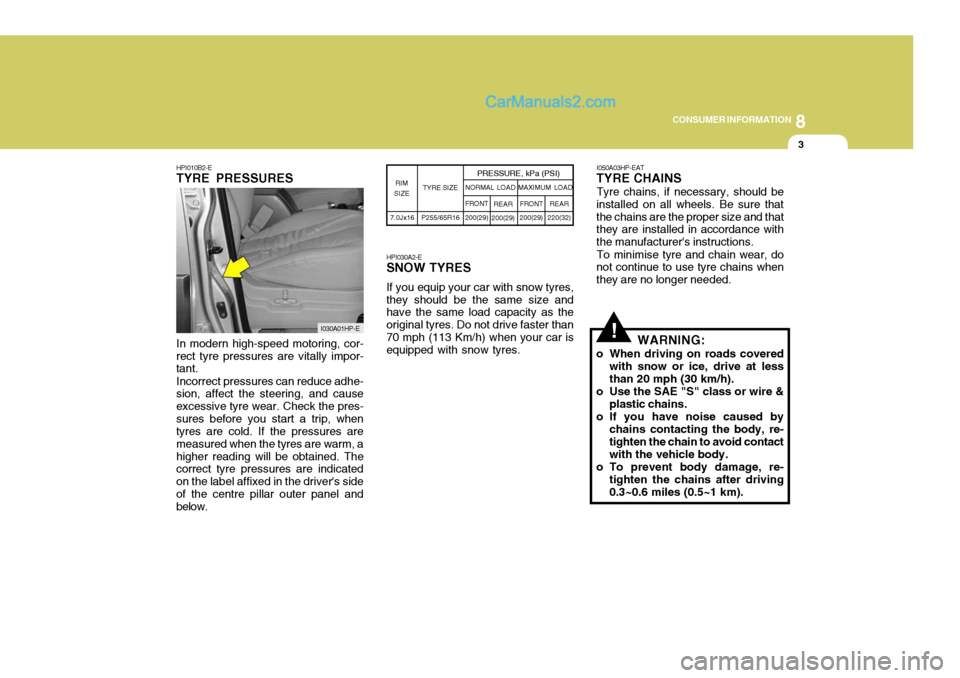 Hyundai Terracan 2006 Owners Manual 8
CONSUMER INFORMATION
3
!In modern high-speed motoring, cor-
rect tyre pressures are vitally impor- tant.
Incorrect pressures can reduce adhe-
sion, affect the steering, and cause excessive tyre wear Hyundai Terracan 2006 Owners Manual 8
CONSUMER INFORMATION
3
!In modern high-speed motoring, cor-
rect tyre pressures are vitally impor- tant.
Incorrect pressures can reduce adhe-
sion, affect the steering, and cause excessive tyre wear