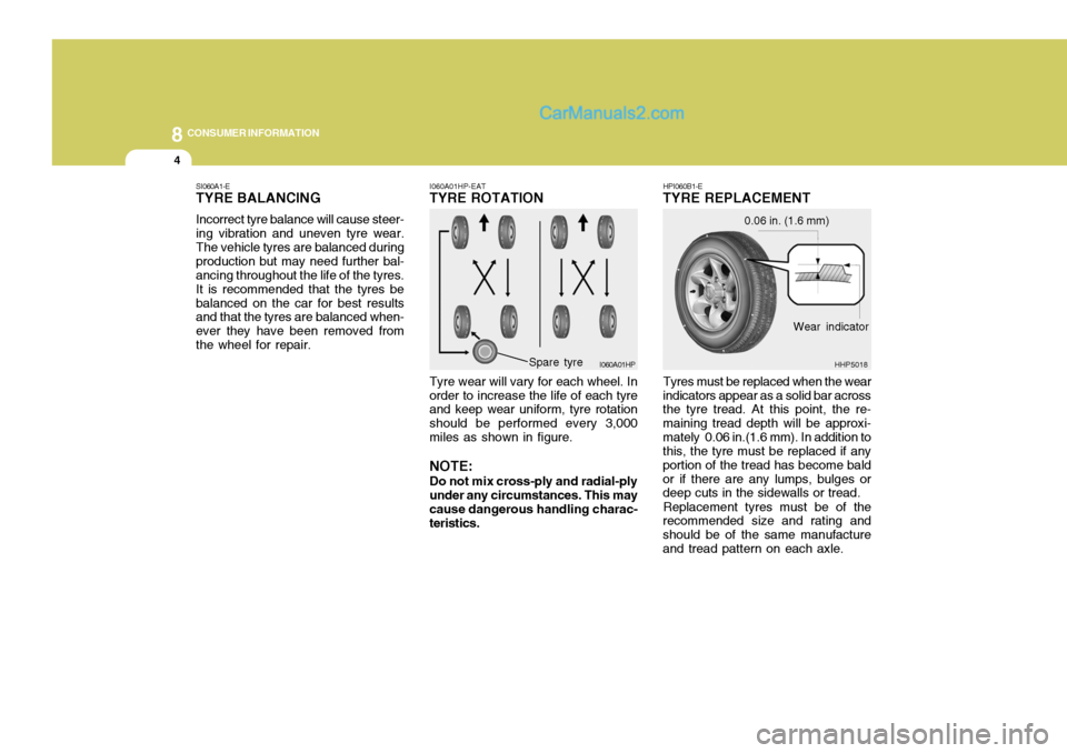 Hyundai Terracan 2006 Owners Manual 8CONSUMER INFORMATION
4
I060A01HP-EAT TYRE ROTATION Tyre wear will vary for each wheel. In order to increase the life of each tyre and keep wear uniform, tyre rotation should be performed every 3,000m Hyundai Terracan 2006 Owners Manual 8CONSUMER INFORMATION
4
I060A01HP-EAT TYRE ROTATION Tyre wear will vary for each wheel. In order to increase the life of each tyre and keep wear uniform, tyre rotation should be performed every 3,000m