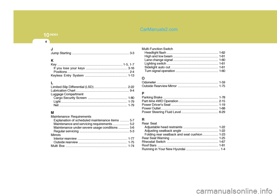 Hyundai Terracan 2006 Owners Manual 10INDEX
4
J Jump Starting .............................................................. 3-3
K
Key ....................................................................... 1-5, 1-7
If you lose y our ke Hyundai Terracan 2006 Owners Manual 10INDEX
4
J Jump Starting .............................................................. 3-3
K
Key ....................................................................... 1-5, 1-7
If you lose y our ke