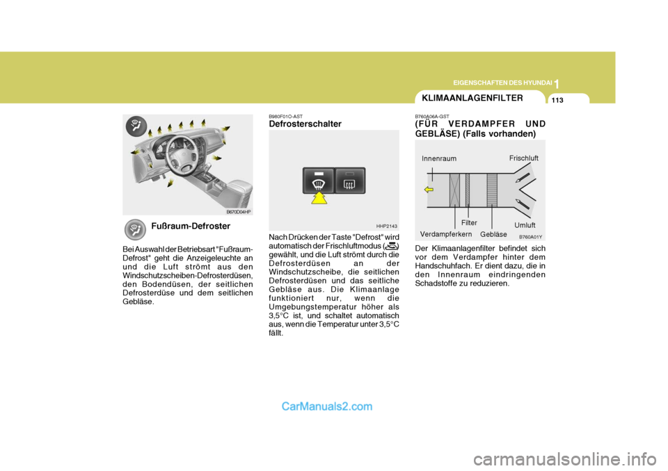 Hyundai Terracan 2006  Betriebsanleitung (in German) 1
EIGENSCHAFTEN DES HYUNDAI
113
B980F01O-AST Defrosterschalter Nach Drücken der Taste "Defrost" wird automatisch der Frischluftmodus (          ) gewählt, und die Luft strömt durch dieDefrosterdüs