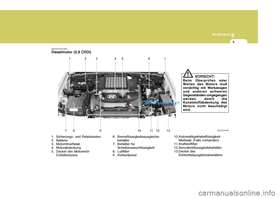 Hyundai Terracan 2006  Betriebsanleitung (in German) 6
SELBSTHILFE
3
G010C01HP-GST
Dieselmotor (2,9 CRDi)
G010C01HP
1. Sicherungs- und Relaiskasten 
2. Batterie 
3. Motorölmeßstab 
4. Motorabdeckung 
5. Deckel des Motorenöl- Einfüllstutzens 6. Brems