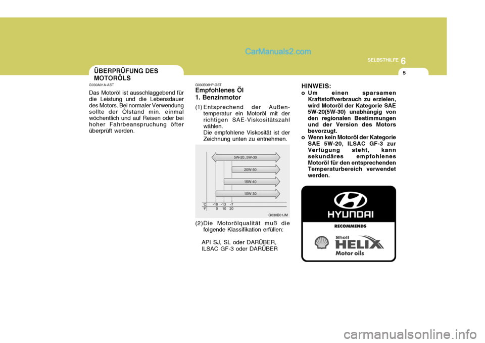 Hyundai Terracan 2006  Betriebsanleitung (in German) 6
SELBSTHILFE
5ÜBERPRÜFUNG DES MOTORÖLS
G030A01A-AST Das Motoröl ist ausschlaggebend für die Leistung und die Lebensdauer des Motors. Bei normaler Verwendungsollte der Ölstand min. einmal wöche
