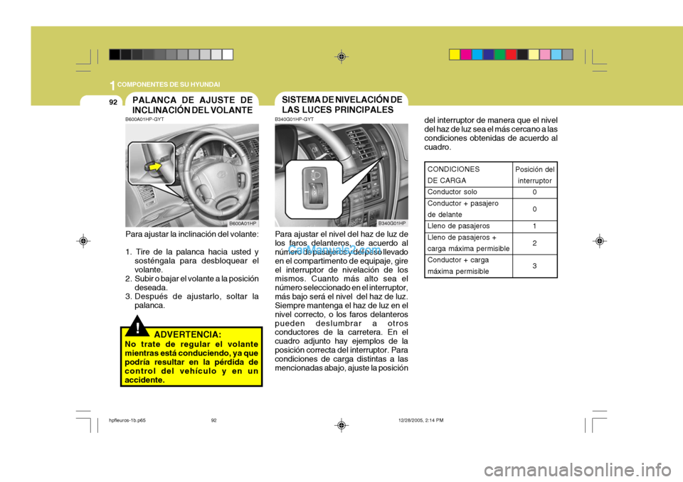 Hyundai Terracan 2006  Manual del propietario (in Spanish) 1COMPONENTES DE SU HYUNDAI
92
del interruptor de manera que el nivel del haz de luz sea el más cercano a lascondiciones obtenidas de acuerdo al cuadro.
CONDICIONES DE CARGA Conductor solo Conductor +