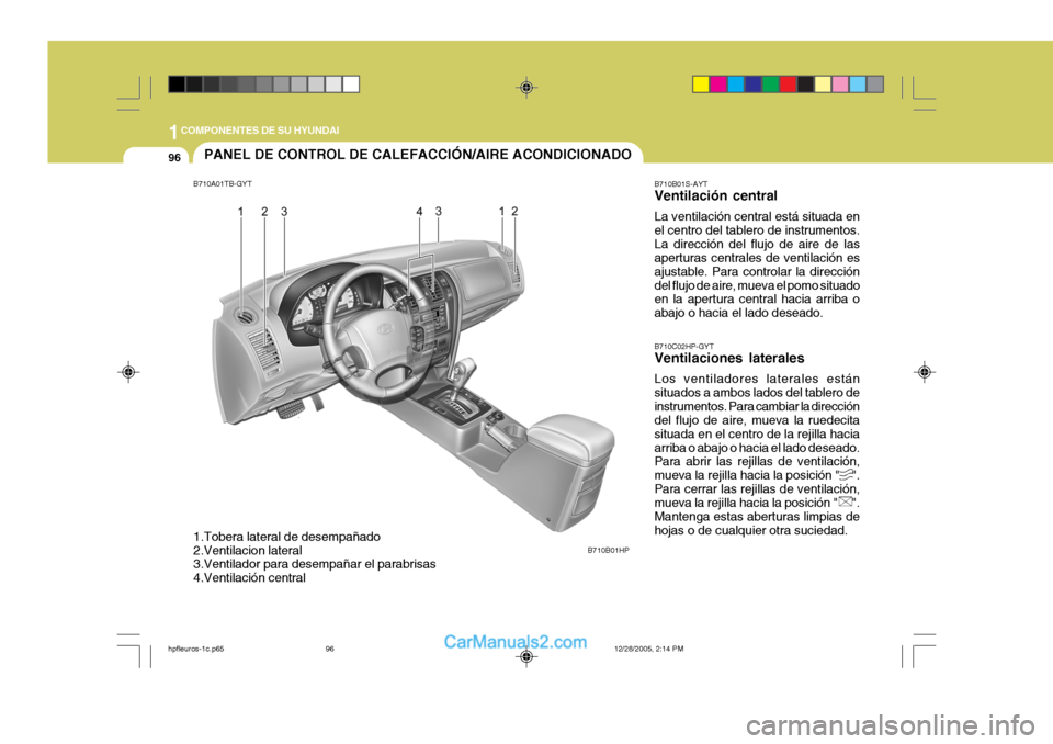 Hyundai Terracan 2006  Manual del propietario (in Spanish) 1COMPONENTES DE SU HYUNDAI
96
B710B01S-AYT Ventilación central La ventilación central está situada en el centro del tablero de instrumentos.La dirección del flujo de aire de las aperturas centrale