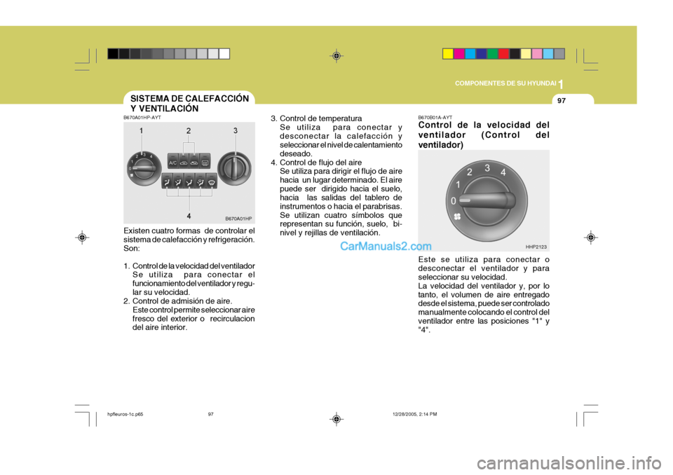 Hyundai Terracan 2006  Manual del propietario (in Spanish) 1
COMPONENTES DE SU HYUNDAI
97SISTEMA DE CALEFACCIÓN Y VENTILACIÓN
B670A01HP-AYT Existen cuatro formas  de controlar el sistema de calefacción y refrigeración. Son: 
1. Control de la velocidad del