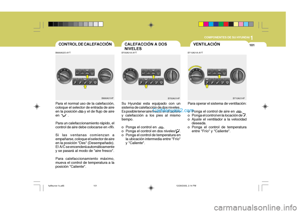 Hyundai Terracan 2006  Manual del propietario (in Spanish) 1
COMPONENTES DE SU HYUNDAI
101
Para el normal uso de la calefacción, coloque el selector de entrada de aire en la posición       y el de flujo de aire 
en        . Para un calefaccionamiento rápid