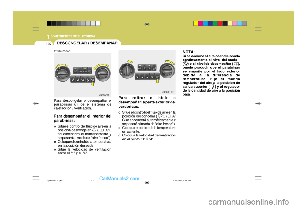 Hyundai Terracan 2006  Manual del propietario (in Spanish) 1COMPONENTES DE SU HYUNDAI
102DESCONGELAR / DESEMPAÑAR
B720A01HP B720B01HP
B720A01FC-GYT Para descongelar o desempañar el parabrisas utilice el sistema de calefacción / ventilación. Para desempañ