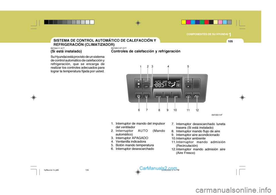 Hyundai Terracan 2006  Manual del propietario (in Spanish) 1
COMPONENTES DE SU HYUNDAI
105SISTEMA DE CONTROL AUTOMÁTICO DE CALEFACCIÓN Y REFRIGERACIÓN (CLIMATIZADOR)
B970A01Y-AYT (Si está instalado) Su Hyundai está provisto de un sistema de control autom