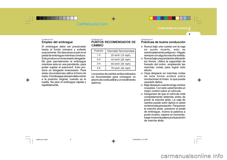 Hyundai Terracan 2006  Manual del propietario (in Spanish) 2
CONDUCIENDO SU HYUNDAI
9
C070B01A-AYT Empleo del embrague El embrague debe ser presionado hasta el fondo siempre y soltadosuavemente. No descanse su pie en el pedal de embrague mientras conduce. Est