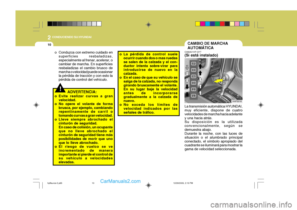 Hyundai Terracan 2006  Manual del propietario (in Spanish) 2 CONDUCIENDO SU HYUNDAI
10CAMBIO DE MARCHA AUTOMÁTICA
HHP3018
C090A01HP-GYT (Si está instalado) La transmisión automática HYUNDAI, muy eficiente, dispone de cuatro velocidades de marcha hacia ade