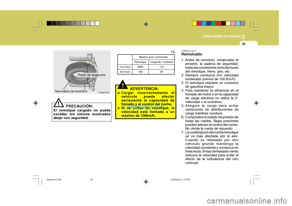 Hyundai Terracan 2006  Manual del propietario (in Spanish) 2
CONDUCIENDO SU HYUNDAI
35
C190E01HP
Punto de enganche
Neumático de recambio
PRECAUCIÓN:
El remolque cargado no puede exceder los valores mostrados abajo con seguridad.! Lengueta o recibidor
11228
