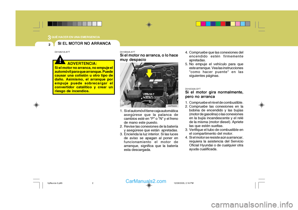 Hyundai Terracan 2006  Manual del propietario (in Spanish) 3QUÉ HACER EN UNA EMERGENCIA
2
!
SI EL MOTOR NO ARRANCA
D010A01A-AYT D010B02A-AYT
Si el motor no arranca, o lo hace muy despacio
1. Si el automóvil tiene caja automática asegúrese que la palanca d