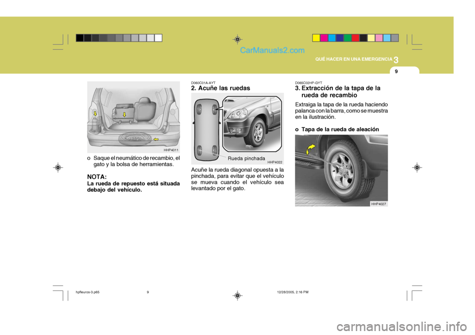 Hyundai Terracan 2006  Manual del propietario (in Spanish) 3
QUÉ HACER EN UNA EMERGENCIA
9
Rueda pinchada
HHP4022
D060C01A-AYT 2. Acuñe las ruedas Acuñe la rueda diagonal opuesta a la pinchada, para evitar que el vehículose mueva cuando el vehículo sea l