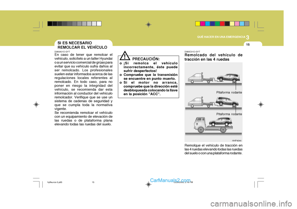 Hyundai Terracan 2006  Manual del propietario (in Spanish) 3
QUÉ HACER EN UNA EMERGENCIA
15SI ES NECESARIO REMOLCAR EL VEHÍCULO
D080A01O-GYT En caso de tener que remolcar el vehículo, solicítelo a un taller Hyundaio a un servicio comercial de grúas para 