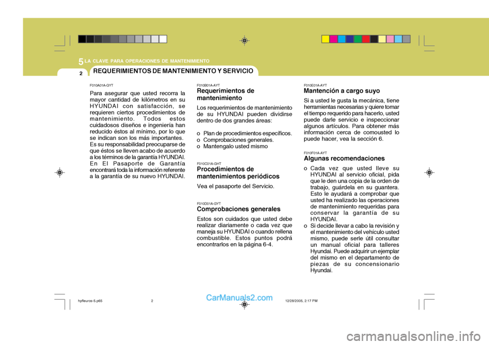Hyundai Terracan 2006  Manual del propietario (in Spanish) 5LA CLAVE PARA OPERACIONES DE MANTENIMIENTO
2REQUERIMIENTOS DE MANTENIMIENTO Y SERVICIO
F010C01A-GHT
Procedimientos de mantenimientos periódicos
Vea el pasaporte del Servicio. F010D01A-GYT
Comprobaci