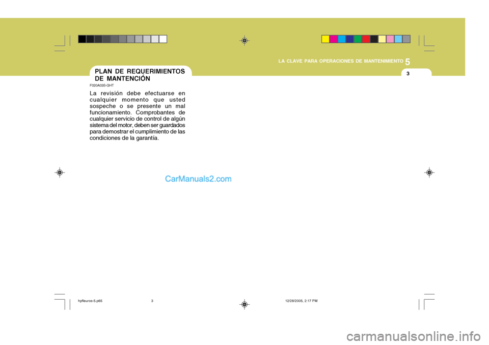 Hyundai Terracan 2006  Manual del propietario (in Spanish) 5
LA CLAVE PARA OPERACIONES DE MANTENIMIENTO
3PLAN DE REQUERIMIENTOS DE MANTENCIÓN
F020A03S-GHT La revisión debe efectuarse en cualquier momento que usted sospeche o se presente un malfuncionamiento