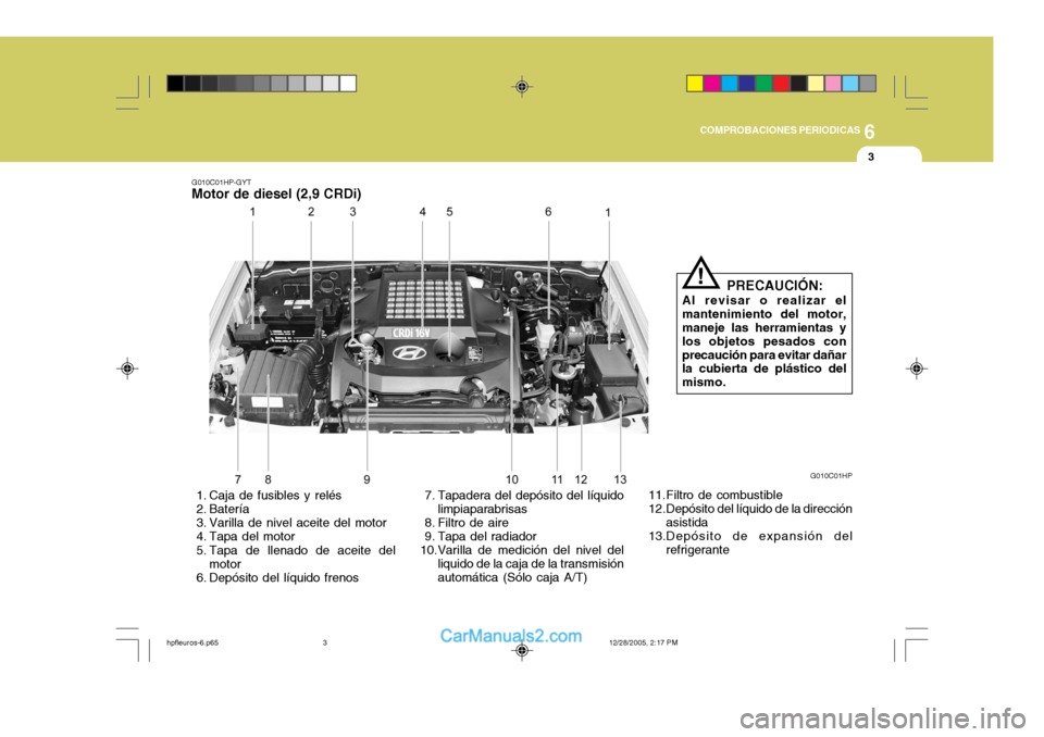 Hyundai Terracan 2006  Manual del propietario (in Spanish) 6
COMPROBACIONES PERIODICAS
3
G010C01HP-GYT
Motor de diesel (2,9 CRDi)
 1. Caja de fusibles y relés 
 2. Batería 
 3. Varilla de nivel aceite del motor 
 4. Tapa del motor 
 5. Tapa de llenado de ac