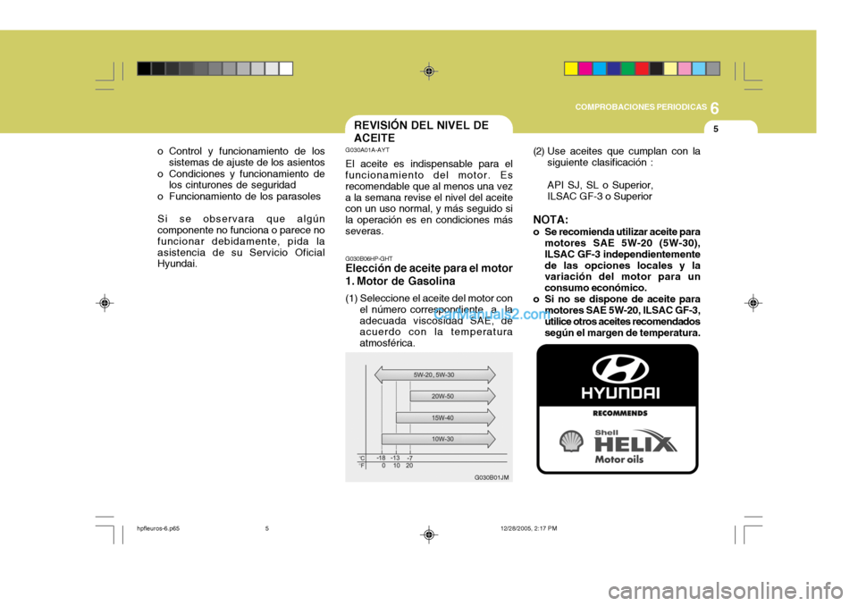 Hyundai Terracan 2006  Manual del propietario (in Spanish) 6
COMPROBACIONES PERIODICAS
5
G030B06HP-GHT
Elección de aceite para el motor 
1. Motor de Gasolina (1) Seleccione el aceite del motor con
el número correspondiente  a  la adecuada viscosidad SAE, de