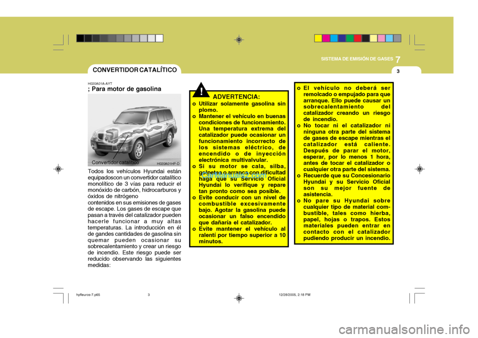 Hyundai Terracan 2006  Manual del propietario (in Spanish) 7
SISTEMA DE EMISIÓN DE GASES
3
Convertidor catalítico
H020A01HP-D
!
CONVERTIDOR CATALÍTICO
H020A01A-AYT
; Para motor de gasolina
Todos los vehículos Hyundai están
equipadoscon un convertidor cat