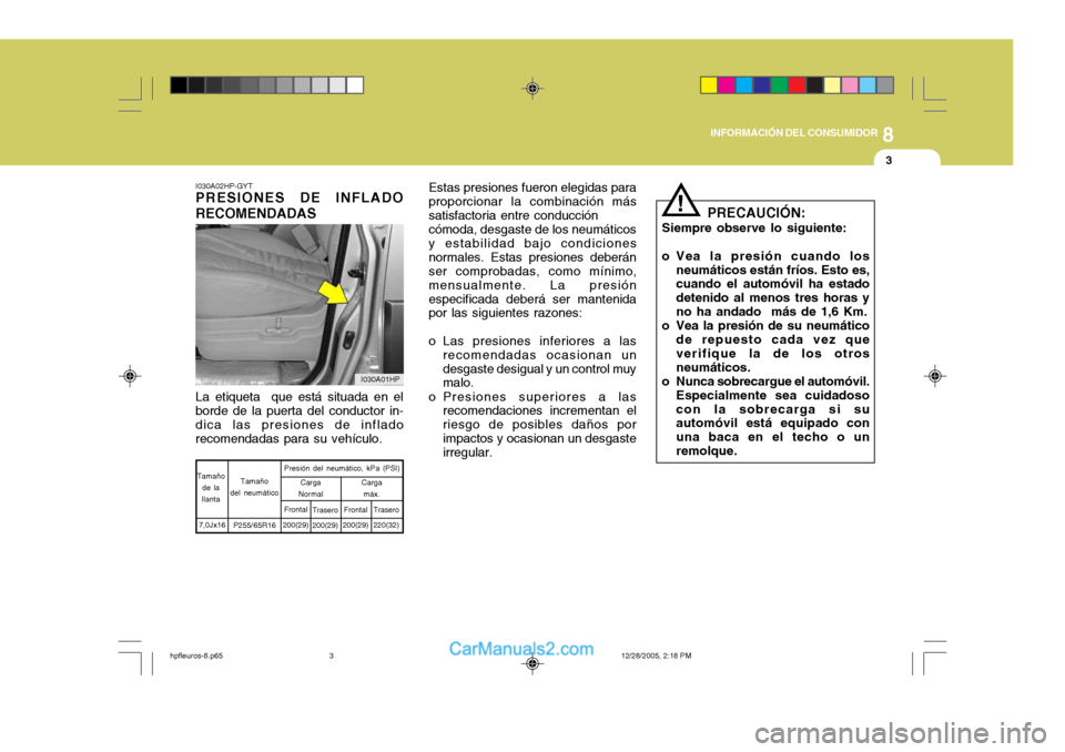 Hyundai Terracan 2006  Manual del propietario (in Spanish) 8
INFORMACIÓN DEL CONSUMIDOR
3
I030A02HP-GYT
PRESIONES DE INFLADO RECOMENDADAS
La etiqueta  que está situada en el borde de la puerta del conductor in- dica las presiones de inflado recomendadas par