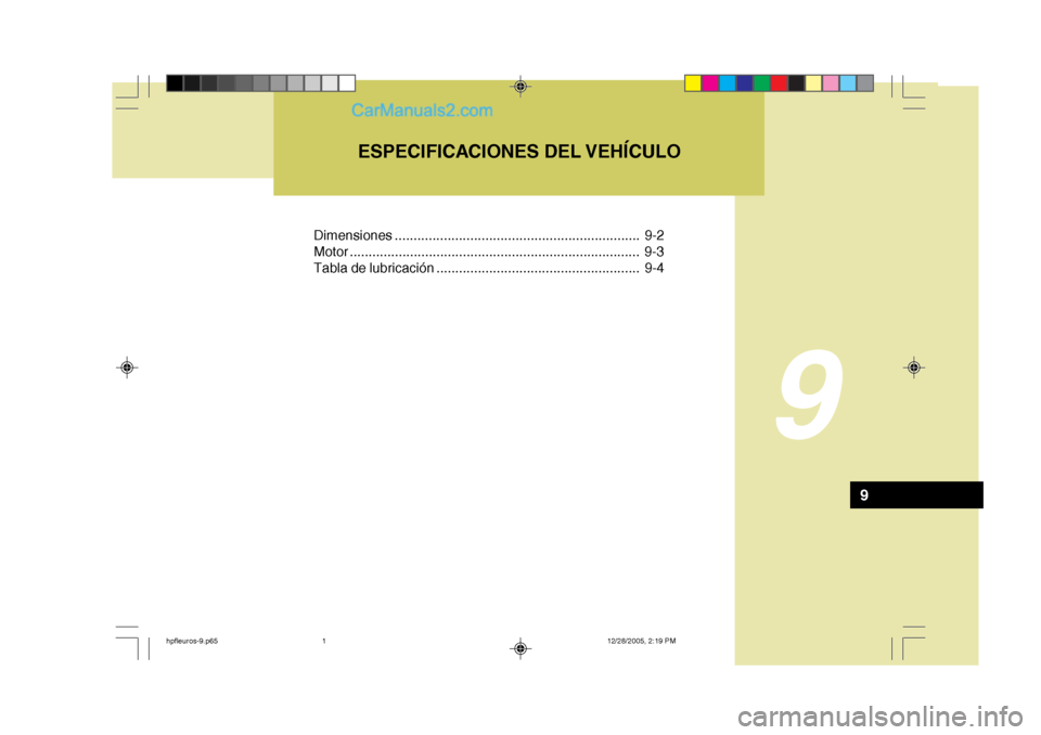 Hyundai Terracan 2006  Manual del propietario (in Spanish) Dimensiones ................................................................. 9-2
Motor ... ........................................................... ............... 9-3
Tabla de lubricación ......