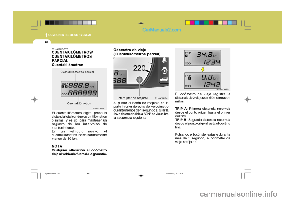 Hyundai Terracan 2006  Manual del propietario (in Spanish) 1COMPONENTES DE SU HYUNDAI
64
B310A03HP-1
B310A02HP-1
Interruptor de reajuste
Odómetro de viaje (Cuentakilómetros parcial) Al pulsar el botón de reajuste en la parte inferior derecha del velocímet