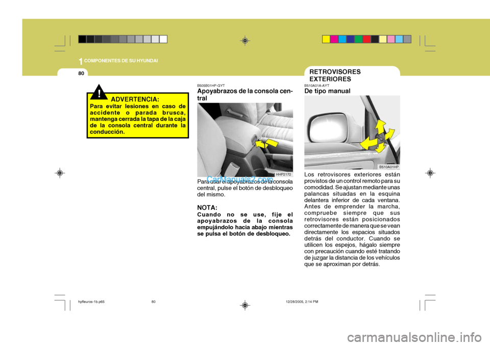 Hyundai Terracan 2006  Manual del propietario (in Spanish) 1COMPONENTES DE SU HYUNDAI
80
!
B510A01A-AYT De tipo manual Los retrovisores exteriores están provistos de un control remoto para su comodidad. Se ajustan mediante unas palancas situadas en la esquin