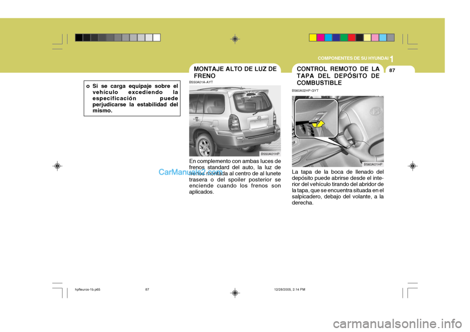 Hyundai Terracan 2006  Manual del propietario (in Spanish) 1
COMPONENTES DE SU HYUNDAI
87CONTROL REMOTO DE LA TAPA DEL DEPÓSITO DECOMBUSTIBLEMONTAJE ALTO DE LUZ DE FRENO
B550A01A-AYT En complemento con ambas luces de frenos standard del auto, la luz de freno